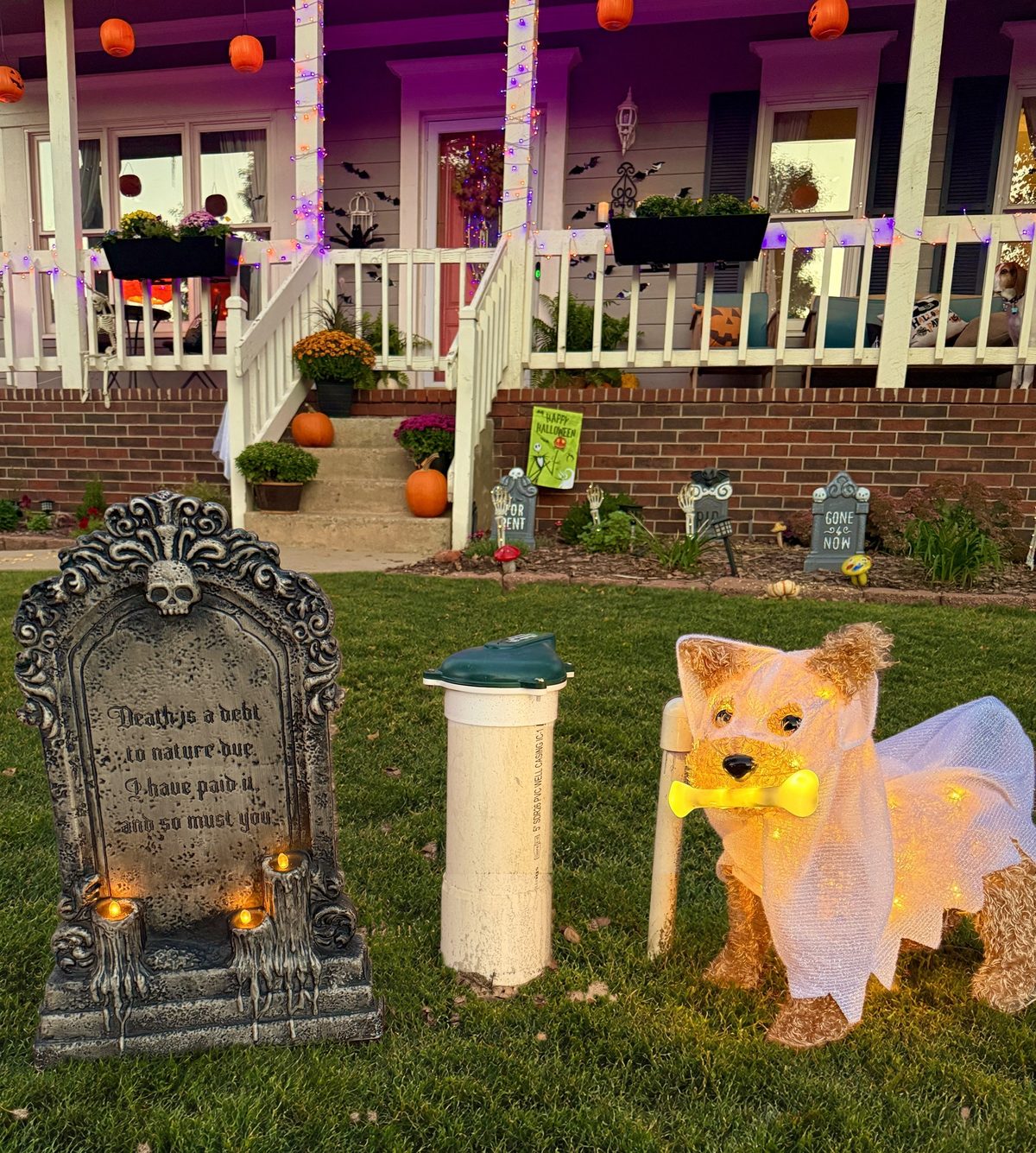 A finished lawn-irrigation well in a green front yard, guarded by a Halloween tombstone and a glowing ghost dog